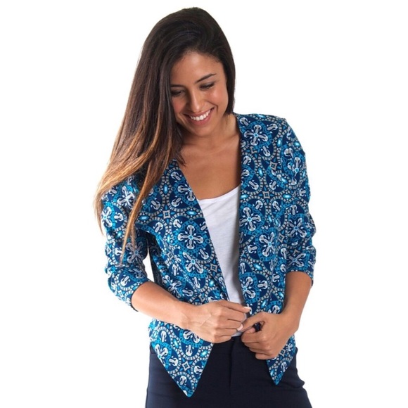 All For Color Jackets & Blazers - Blue Tile Printed Blaze- Ponte Knit